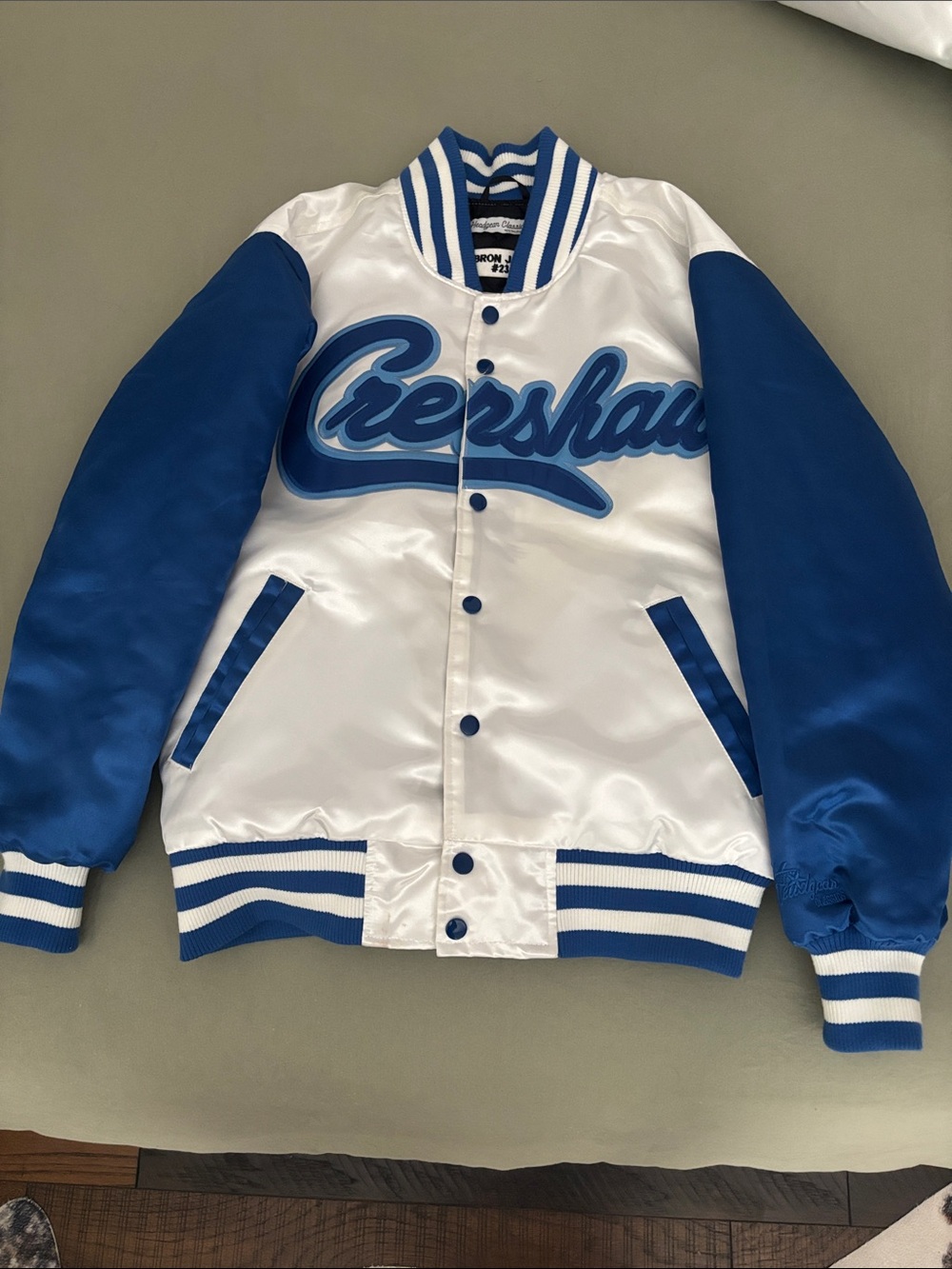 Nostalgia White and Blue Satin Varsity Jacket with Script Chest